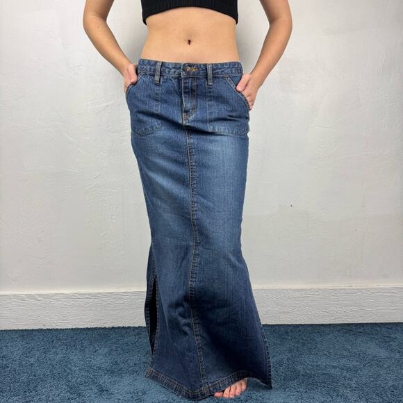 Vintage Y2K 90s Low Rise Grunge Slit Side Denim Maxi Skirt By Unionbay Size 5 - Picture 2 of 14